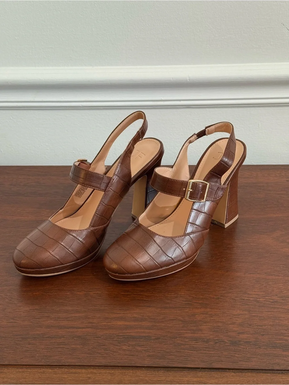 JF Brown Croc Embossed Mary Jane Slingback Platform Heels Size 8